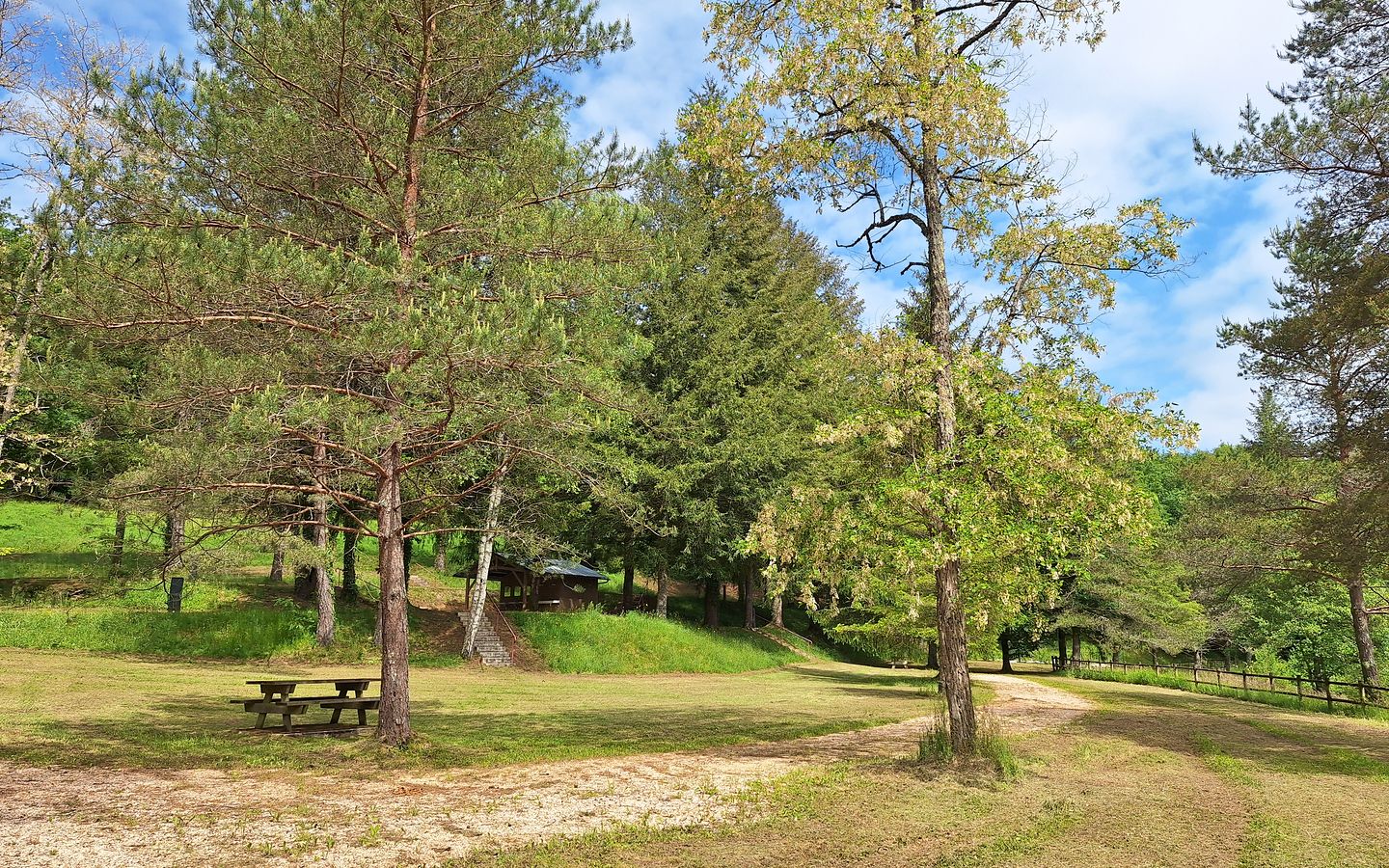 L'image montre un paysage naturel avec une clairière entourée d'arbres verts. Au centre-gauche, on aperçoit une table de